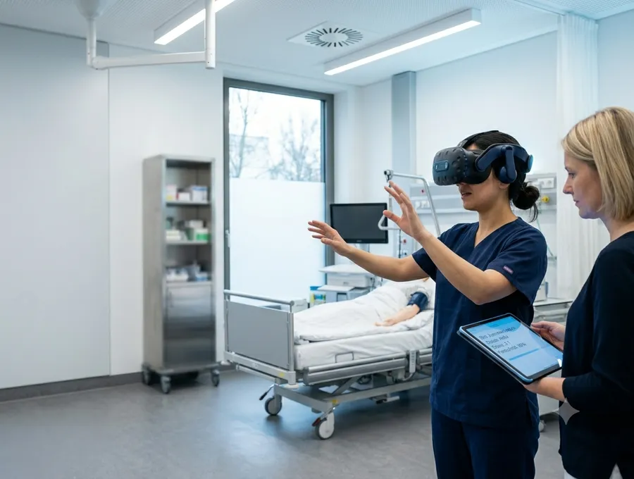 Pflegefachkraft trainiert mit VR-Brille im SkillsLab